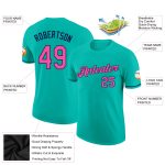 Custom Team Name and Number Aqua Pink Navy Performance T-Shirt - Personalized Sportswear Personalized Aqua Pink-Navy Performance