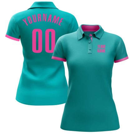 Custom Name Number Aqua Pink Golf Polo Shirt Performance Personalized Team Apparel Personalized Aqua Pink Performance Golf