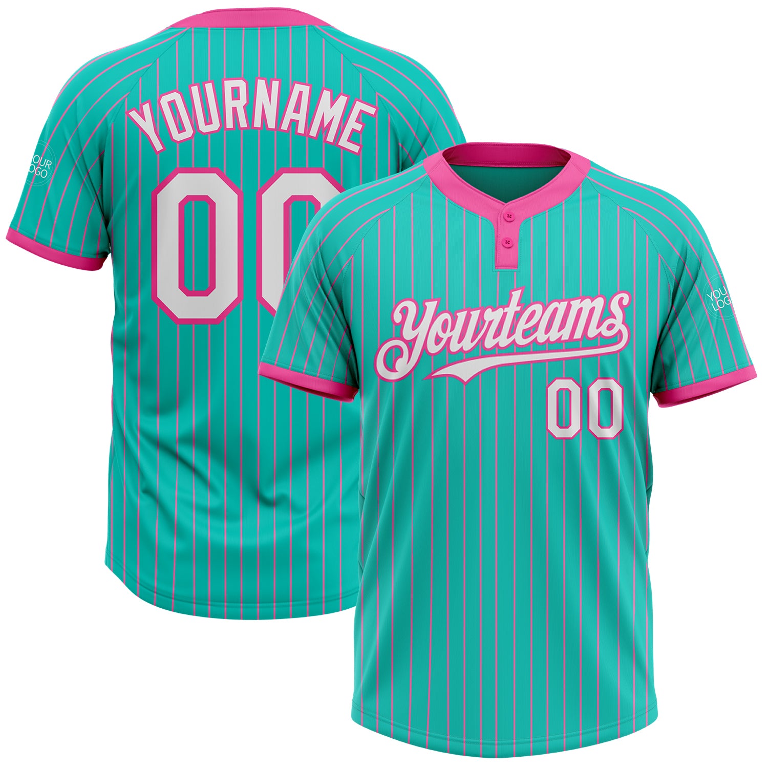 Custom Name Number Aqua Pink Pinstripe Two-Button Unisex Softball Jersey - Personalized Team Apparel Personalized Aqua Pink