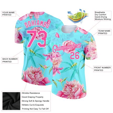 Personalized Aqua Pink White 3D Floral Performance T-Shirt for Women Personalized Aqua Pink-White 3D Flowers Performance