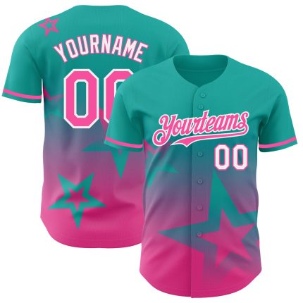 Personalized 3D Gradient Aqua Pink-White Twinkle Star Baseball Jersey Personalized Aqua Pink-White 3D Gradient Style Twinkle