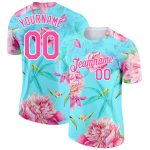 Custom Performance T-Shirt with Aqua Pink-White 3D Floral Design, Team Name & Number Personalized Personalized Aqua Pink-White