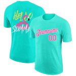 Custom Name and Number Performance T-Shirt with Aqua Pink-White 3D Pattern Design and Hawaii Palm Leaves for Summer Holiday