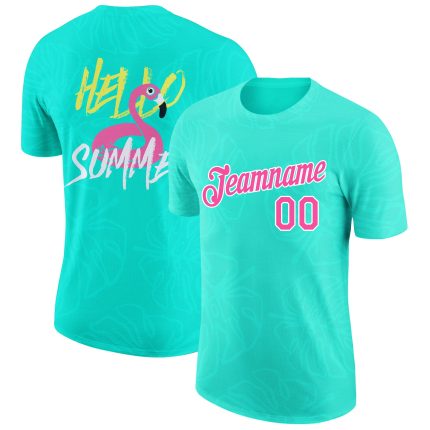 Custom Name and Number Performance T-Shirt with Aqua Pink-White 3D Pattern Design and Hawaii Palm Leaves for Summer Holiday