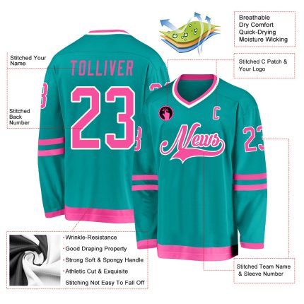 Custom Hockey Jersey Aqua Pink White - Personalized Team Name & Number Personalized Aqua Pink-White Hockey Jersey Team Custom