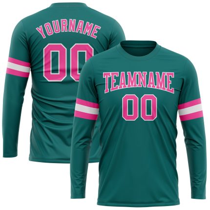 Custom Name and Number Aqua Pink-White Long Sleeve Performance T-Shirt - Personalized Athletic Gear Personalized Aqua Pink-White