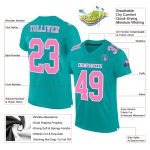 Custom Aqua Pink-White Mesh Football Jersey with Personalized Name and Number Personalized Aqua Pink-White Mesh Authentic