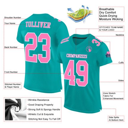 Personalized Aqua Pink White Football Jersey | Custom Mesh Sports Apparel Personalized Aqua Pink-White Mesh Football Jersey