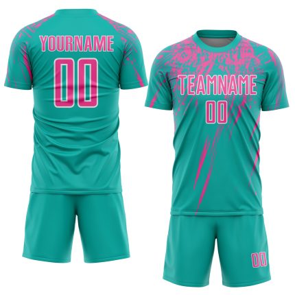 Personalized Aqua Pink White Soccer Uniform Jersey - Sublimation Design 2 Personalized Aqua Pink-White Sublimation Soccer