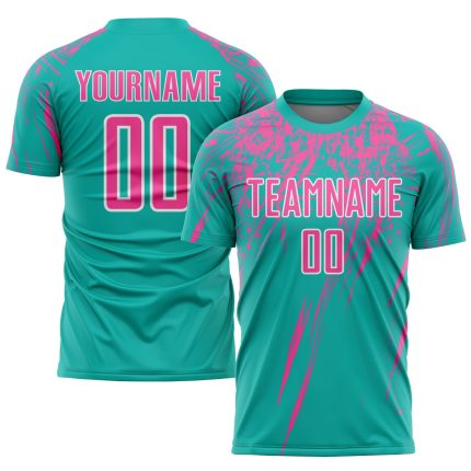 Personalized Aqua Pink White Soccer Jersey Sublimation Uniform for Kids Personalized Aqua Pink-White Sublimation Soccer Uniform