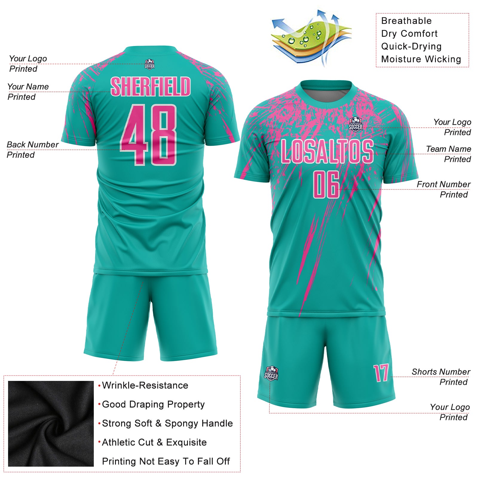 Personalized Aqua Pink-White Sublimation Soccer Uniform Jersey Personalized Aqua Pink White Soccer Jersey Sublimation Uniform for Kids Personalized Aqua Pink-White Sublimation Soccer Uniform - Image 3