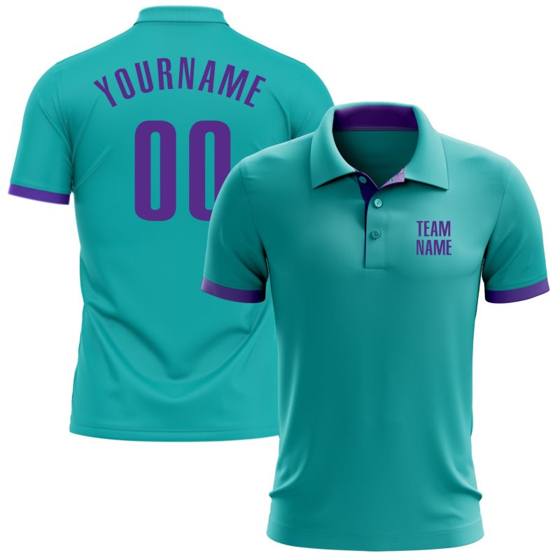 Custom Team Name and Number Aqua Purple Performance Golf Polo Shirt Personalized Aqua Purple Performance Golf Polo Shirt