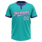 Personalized Unisex Softball Jersey in Aqua Purple Pinstripe - Two-Button Design Personalized Aqua Purple Pinstripe White