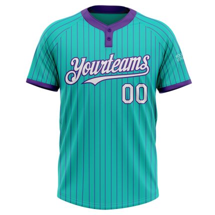 Personalized Unisex Softball Jersey in Aqua Purple Pinstripe - Two-Button Design Personalized Aqua Purple Pinstripe White
