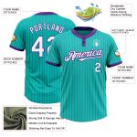 Personalized Unisex Softball Jersey in Aqua Purple Pinstripe - Two-Button Design Personalized Aqua Purple Pinstripe White