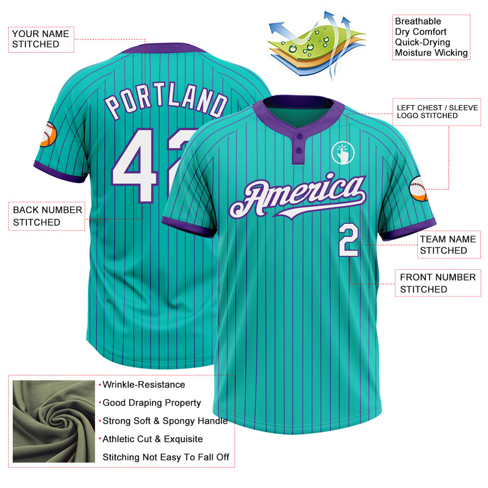 Personalized Unisex Softball Jersey in Aqua Purple Pinstripe - Two-Button Design Personalized Aqua Purple Pinstripe White - Image 3