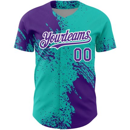 Personalized 3D Abstract Brush Stroke Baseball Jersey in Aqua Purple and White Personalized Aqua Purple-White 3D Abstract