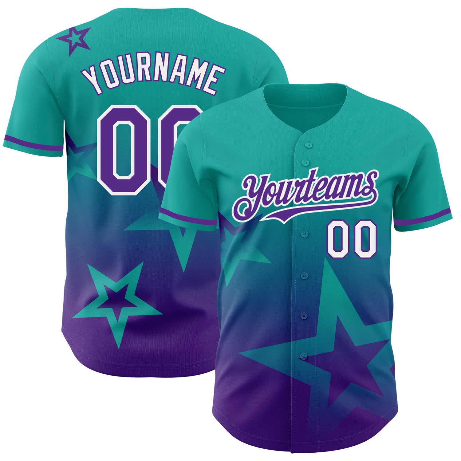 Personalized Twinkle Star Baseball Jersey in Aqua Purple-White 3D Gradient Style Personalized Aqua Purple-White 3D Gradient