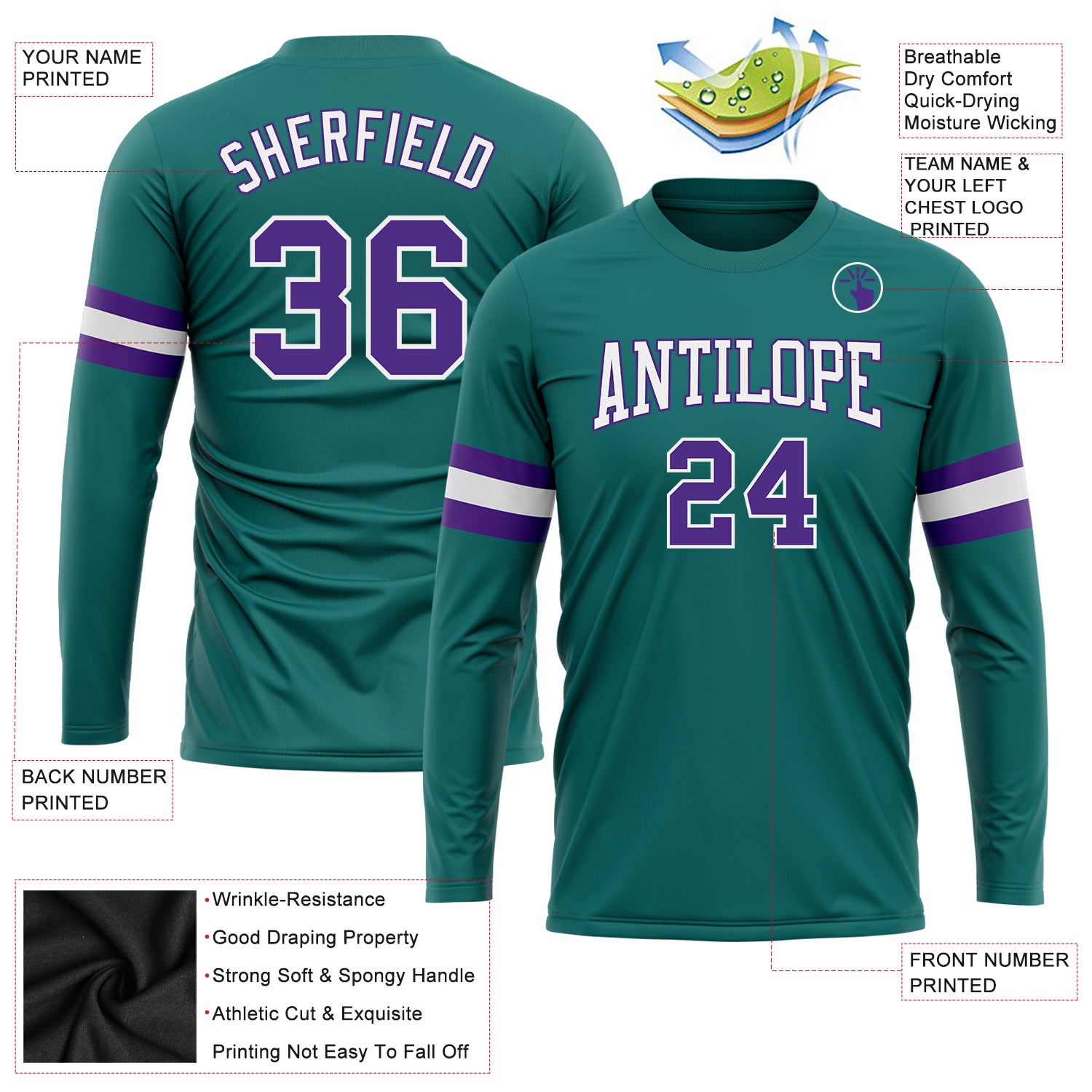 Personalized Long Sleeve Aqua Purple-White Performance T-Shirt for Men and Women Personalized Aqua Purple-White Long Sleeve - Image 3
