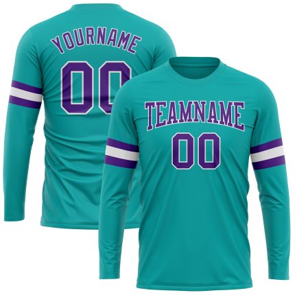 Personalized Aqua Purple White Long Sleeve Performance Tee for Men and Women Personalized Aqua Purple-White Long Sleeve Performance