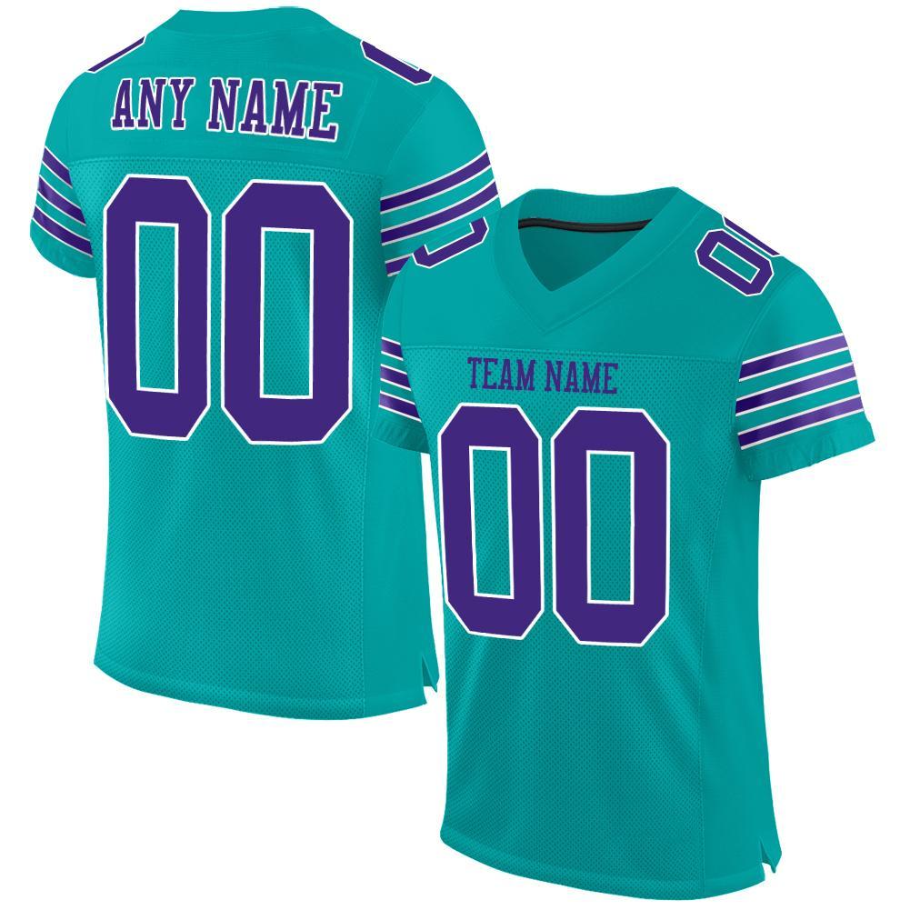 Personalized Aqua Purple White Football Jersey for Kids, Custom Mesh Design, Youth Sports Apparel Personalized Aqua Purple-White