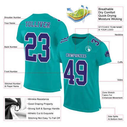 Personalized Aqua Purple White Football Jersey - Custom Mesh Jersey for Kids 3 Personalized Aqua Purple-White Mesh Football