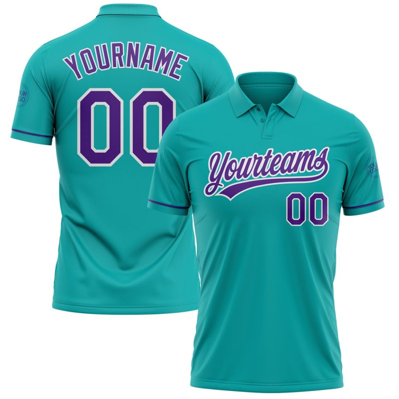 Personalized Aqua Purple White Golf Polo Shirt | Performance Vapor Style Personalized Aqua Purple-White Performance Vapor