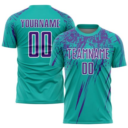 Personalized Aqua Purple White Soccer Jersey Uniform for Kids and Adults Personalized Aqua Purple-White Sublimation Soccer