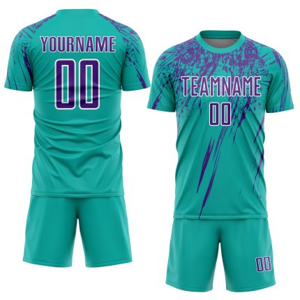 Custom Name and Number Aqua Purple White Soccer Jersey Uniform - Personalized Sublimation Team Apparel Personalized Aqua