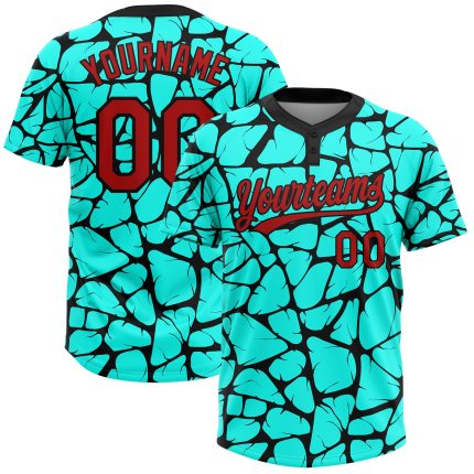 Custom Aqua Red-Black 3D Pattern Unisex Softball Jersey with Personalized Name & Number - Two-Button Design Personalized