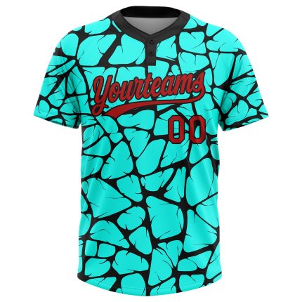 Personalized Unisex Softball Jersey 3D Aqua Red-Black Two-Button Design Personalized Aqua Red-Black 3D Two-Button Unisex