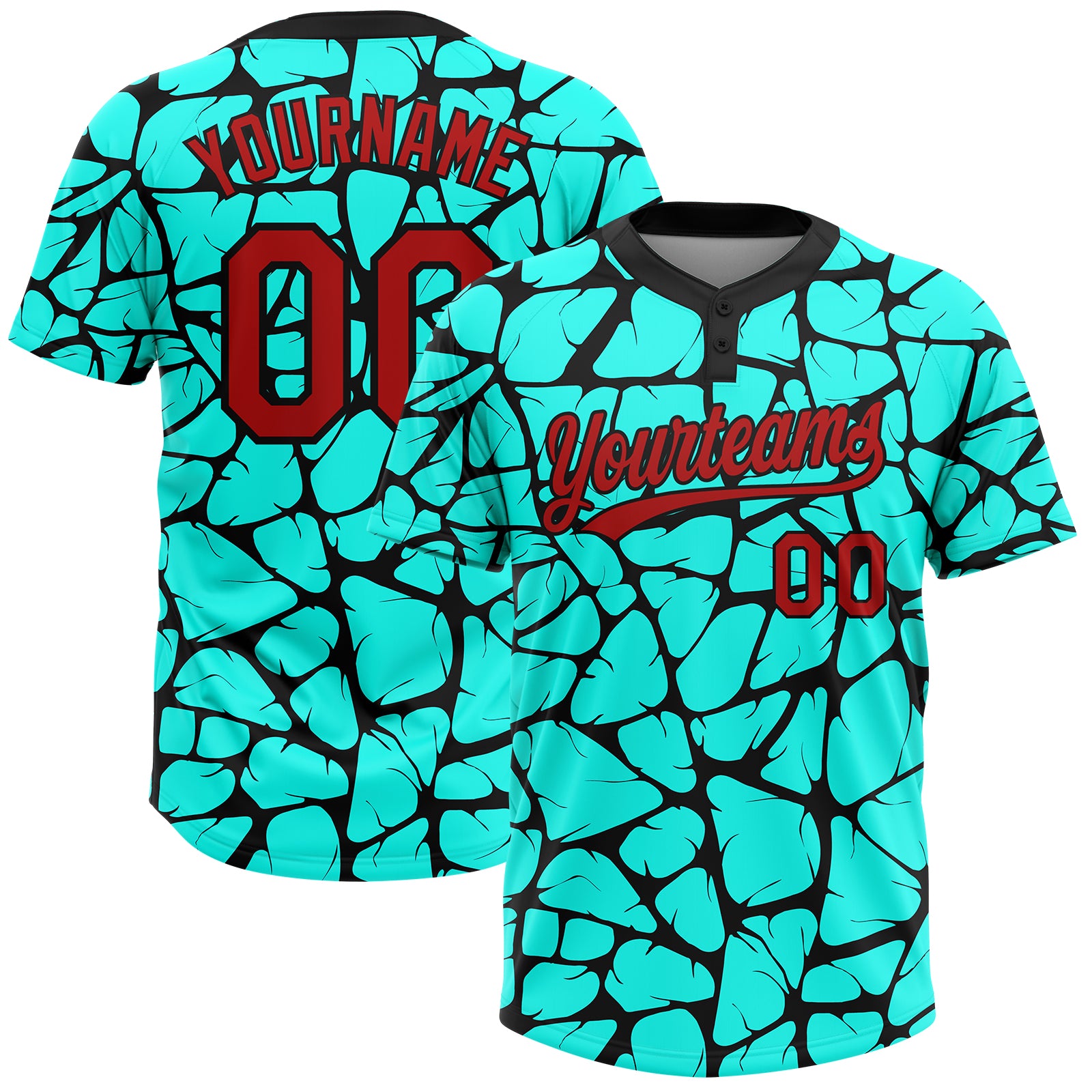 Personalized Unisex Softball Jersey 3D Aqua Red-Black Two-Button Design Personalized Aqua Red-Black 3D Two-Button Unisex