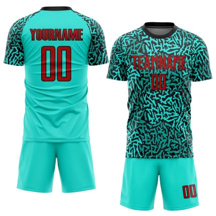 Personalized Soccer Jersey in Aqua Red-Black Sublimation Design - Custom Athletic Uniform Personalized Aqua Red-Black Sublimation