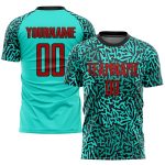 Personalized Soccer Jersey in Aqua Red-Black Sublimation Design - Custom Athletic Uniform Personalized Aqua Red-Black Sublimation