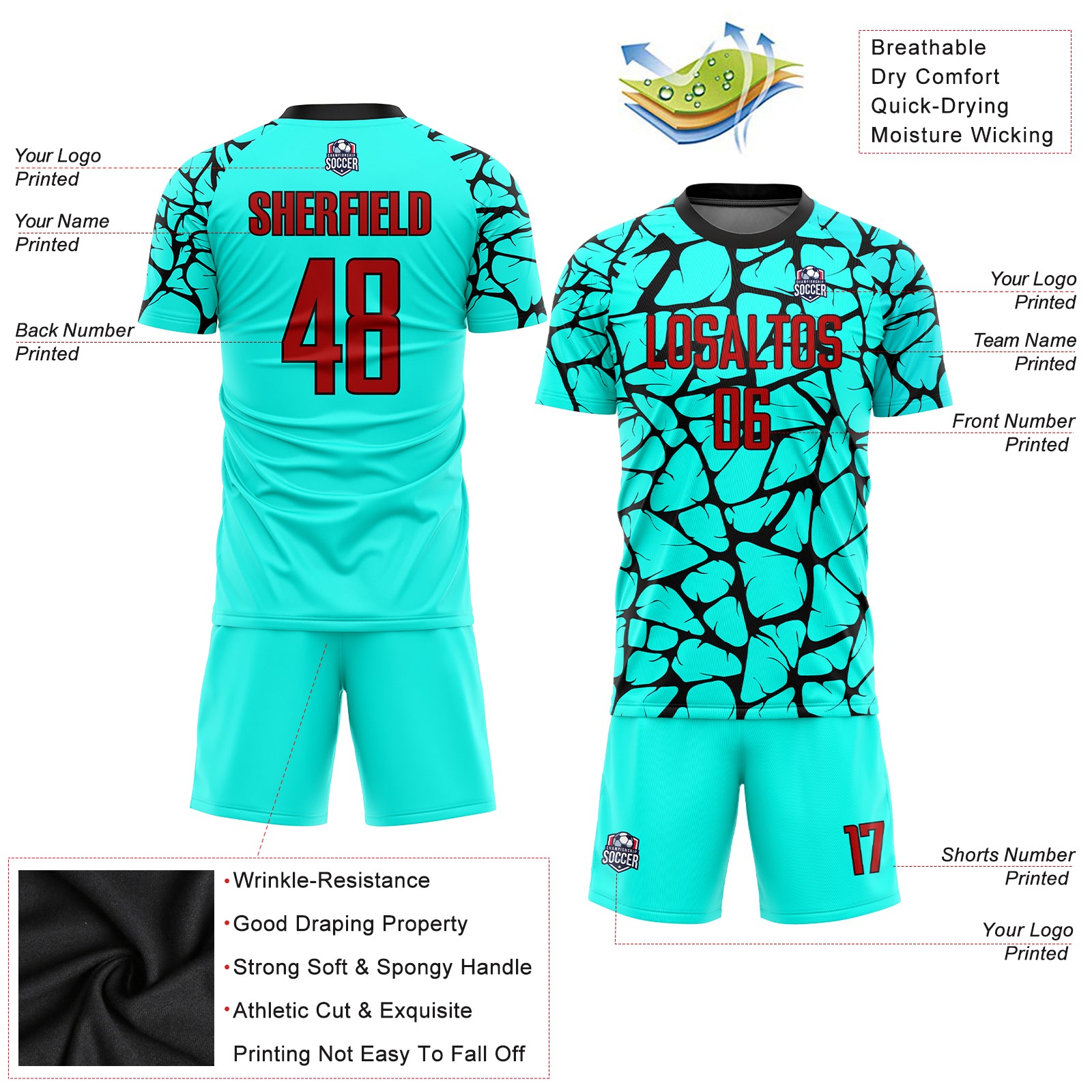 Personalized Aqua Red-Black Sublimation Soccer Uniform Jersey Team Custom Name and Number 7417 Custom Name Number Sublimation Soccer Jersey - Personalized Aqua Red-Black Team Uniform 7417 Personalized Aqua Red-Black - Image 5