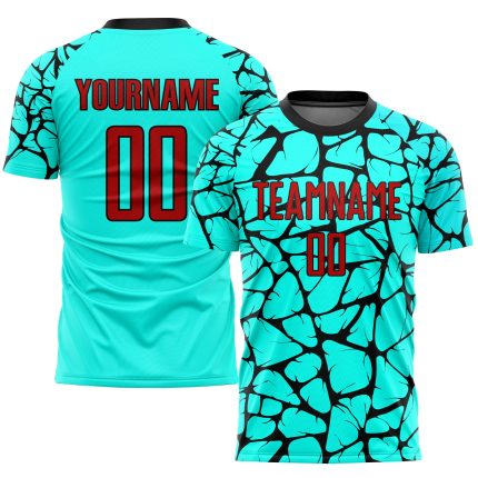 Custom Name Number Sublimation Soccer Jersey - Personalized Aqua Red-Black Team Uniform 7417 Personalized Aqua Red-Black