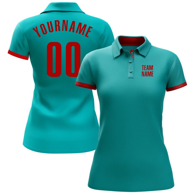 Custom Team Performance Golf Polo Shirt with Personalized Name and Number - Aqua Red Personalized Aqua Red Performance Golf