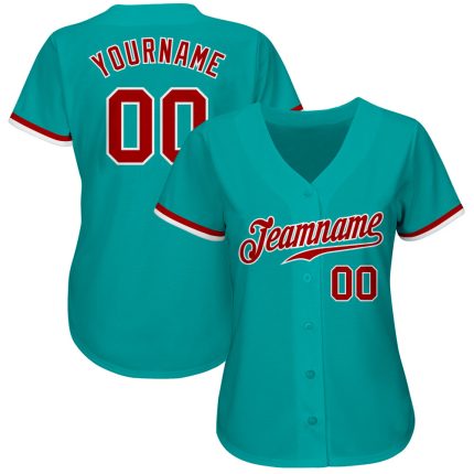 Custom Name and Number Authentic Baseball Jersey - Personalized Aqua Red-White Team Apparel Personalized Aqua Red-White Authentic