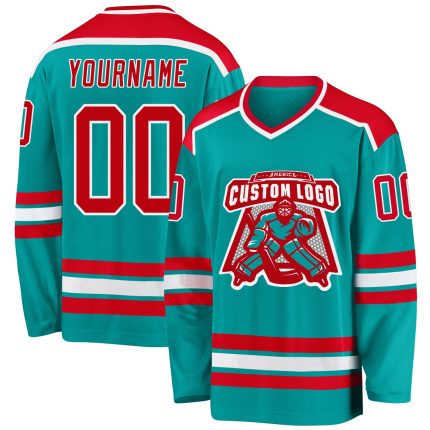 Custom Aqua and Red-White Hockey Jersey - Personalized Sports Apparel Personalized Aqua Red-White Hockey Jersey