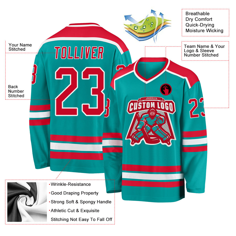 Custom Aqua and Red-White Hockey Jersey - Personalized Sports Apparel Personalized Aqua Red-White Hockey Jersey - Image 3