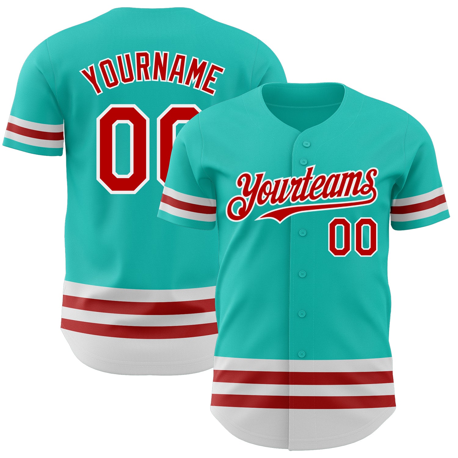 Personalized Custom Team Authentic Baseball Jersey with Aqua Red-White Lines | Name & Number Included Personalized Aqua Red-White