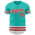 Personalized Baseball Jersey - Custom Aqua Red-White Line Design Personalized Aqua Red-White Line Baseball Jersey