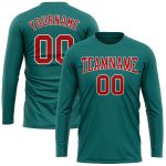 Personalized Aqua Red White Long Sleeve Performance Shirt for Men and Women Personalized Aqua Red-White Long Sleeve Performance