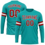 Personalized Long Sleeve Performance T-Shirt in Aqua, Red and White - Custom Apparel for Men and Women Personalized Aqua