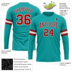 Personalized Long Sleeve Performance T-Shirt in Aqua, Red and White - Custom Apparel for Men and Women Personalized Aqua