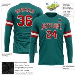Personalized Aqua Red White Long Sleeve Performance Shirt for Men and Women Personalized Aqua Red-White Long Sleeve Performance