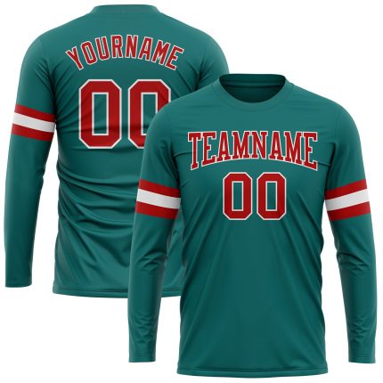 Personalized Aqua Red White Long Sleeve Performance Shirt for Men and Women Personalized Aqua Red-White Long Sleeve Performance