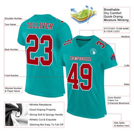 Custom Personalized Football Jersey - Aqua Red-White Mesh, Team Name & Number Personalized Aqua Red-White Mesh Authentic