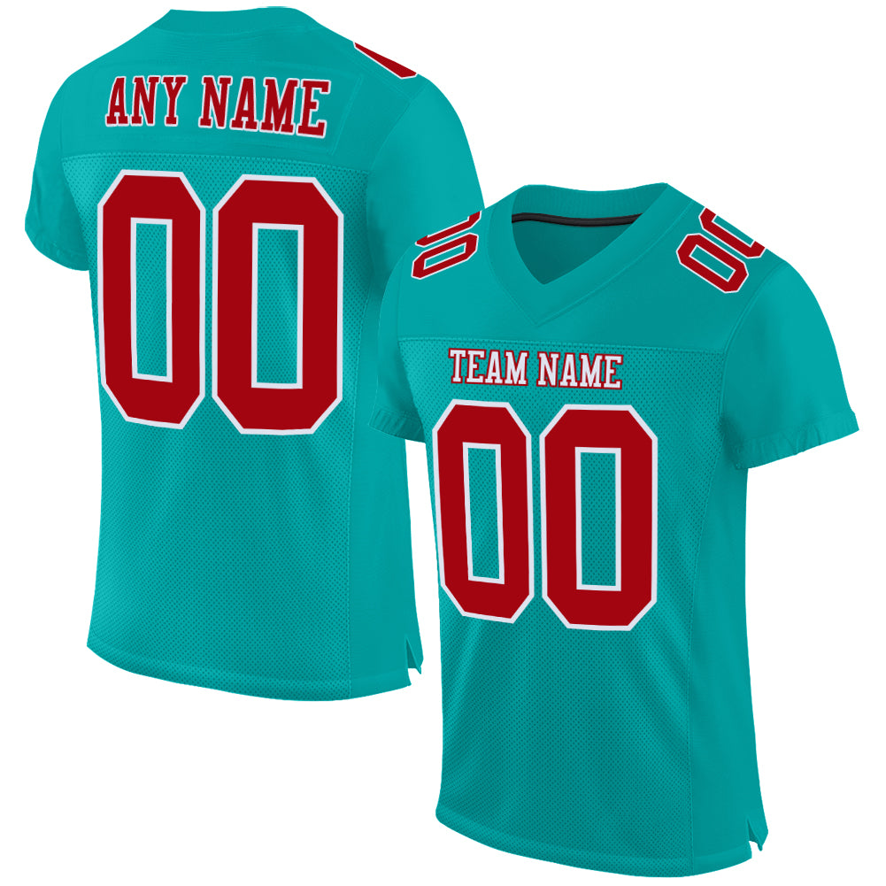 Custom Personalized Football Jersey - Aqua Red-White Mesh, Team Name & Number Personalized Aqua Red-White Mesh Authentic