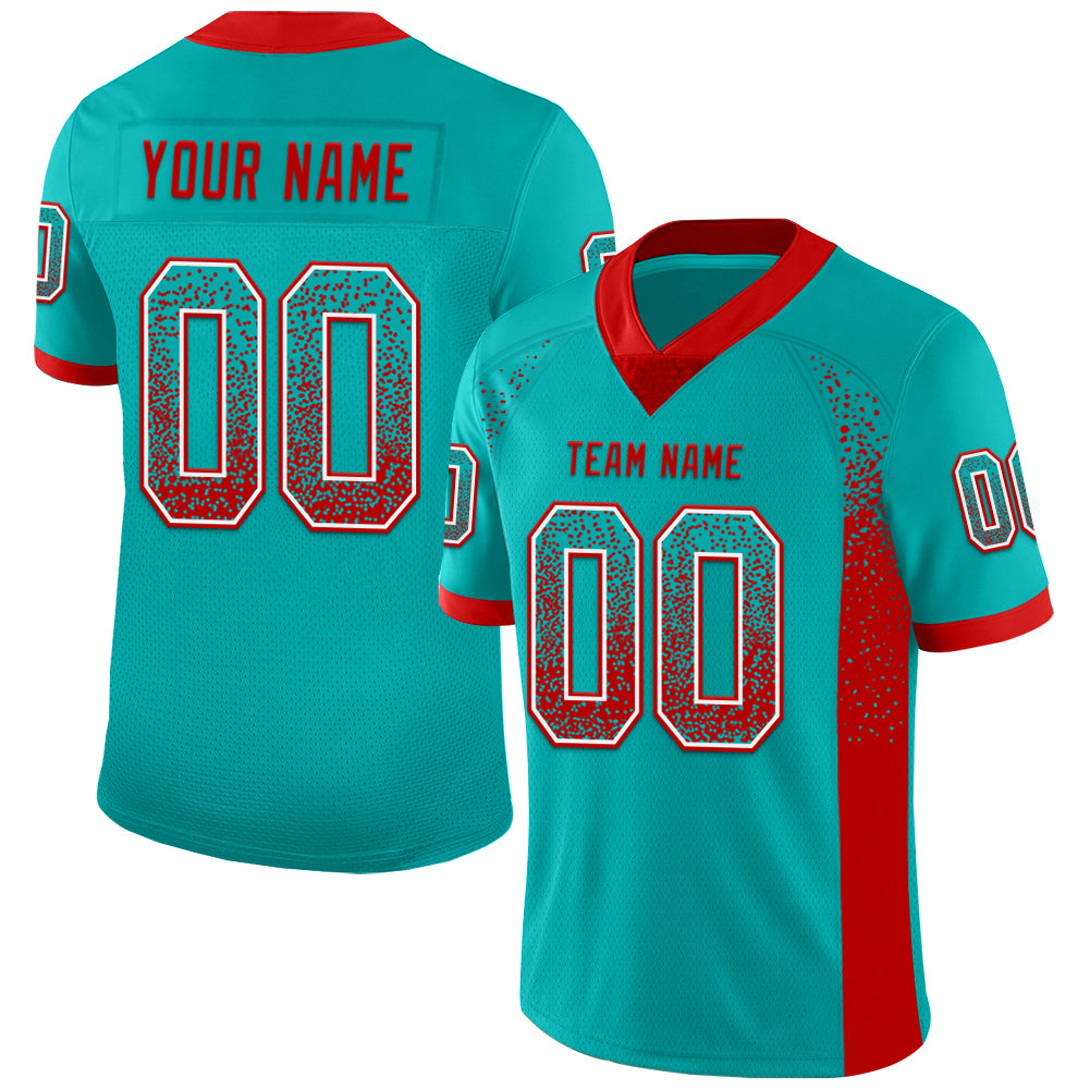 Custom Name and Number Aqua Red-White Mesh Football Jersey, Personalized Drift Fashion Team Jersey Personalized Aqua Red-White